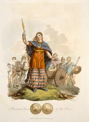 Boudicca, Königin der Iceni, gestochen von Richard Havell dem Älteren, veröffentlicht 1815 (handkolorierter Stich)
